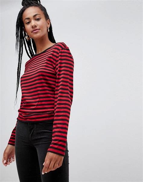 Monki Relaxed Fit Long Sleeve Jersey Top In Red Stripe Asos Long