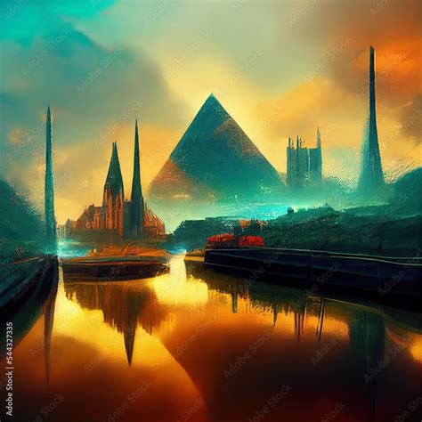 Vast Glass City Landscape The Canal Ancient Epic Pyramids Cyberpunk