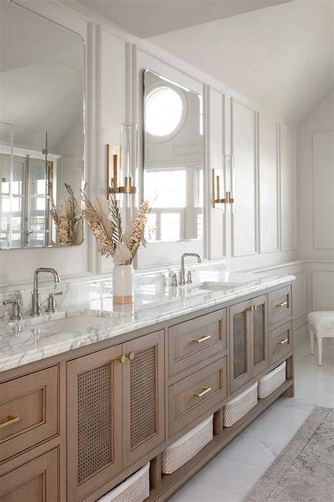 Brown Dual Washstand With Cane Cabinet Doors Transitional Bathroom