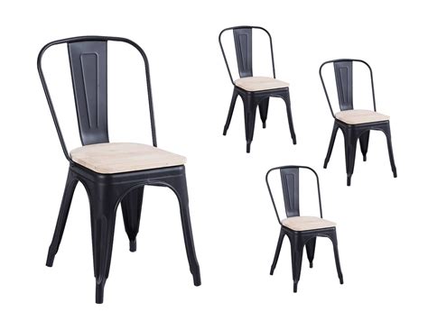 Pack 4 Sillas Vintage De Chapa De Acero Color Negro Y Asiento De Madera