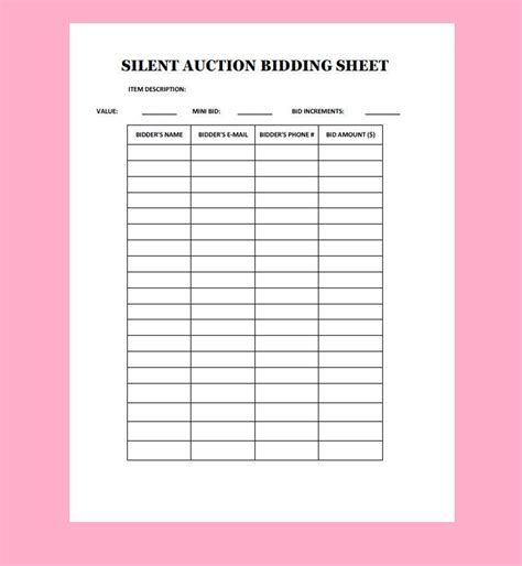 Silent Auction Bid Sheet Portrait Legal Pdf Etsy