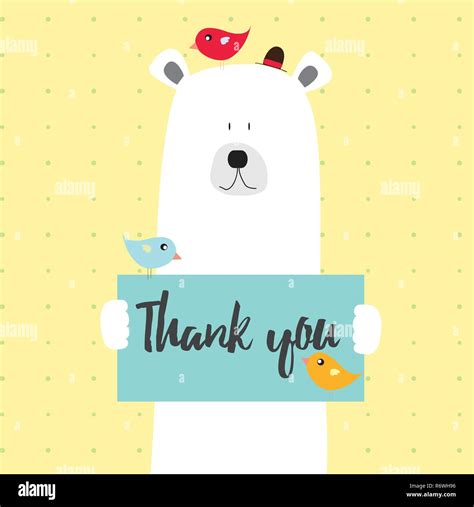 Polar Bear And Birds Thank You Vector Card Illustration On A Dotted