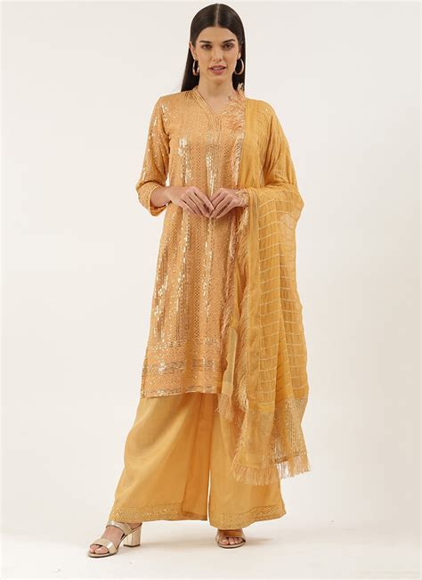 Buy Light Mustard Georgette Sequins Embroidery Palazzo Suit Party Wear