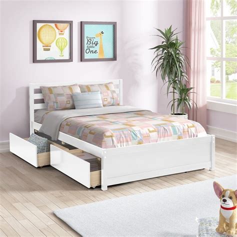 Novabasa Full Size Wood Platform Bed Frame With 4 Storage Drawers And Headboard Of White Color