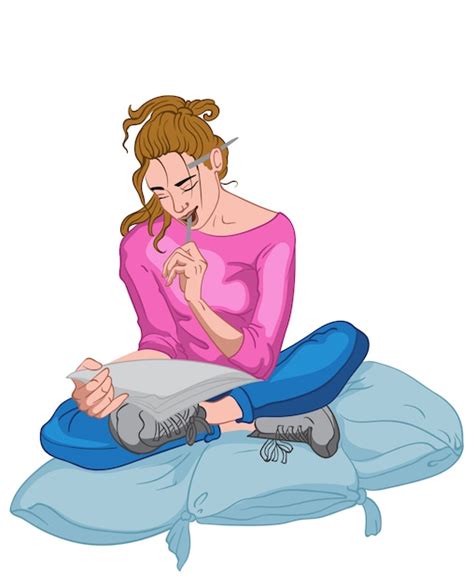 Free Vector Thoughtful Brunette Dressed In Blue Jeans Pink T Shirt