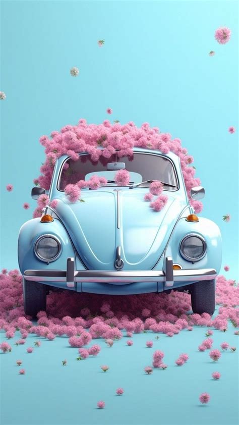 A Blue Car Is Surrounded By Pink Flowers