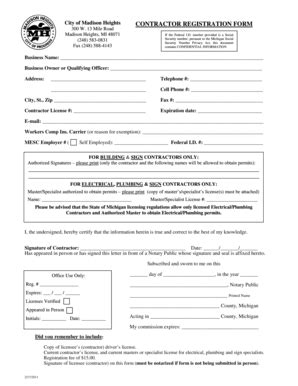 Fillable Online Madison Heights Contractor Registration Form The City