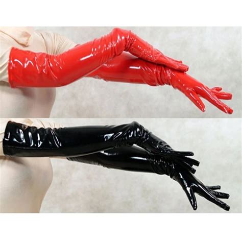 New Sexy Shiny Fashion Blackred Faux Leather Gloves Womens Fetish Long Gloves Five Fingers Wet