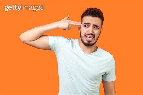 Headshot Kill Me Please Portrait Of Depressed Brunette Man Committing