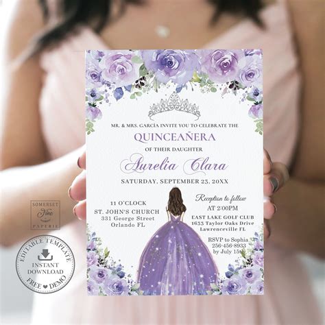 Lilac Purple Floral Quinceañera Invitation Printable Editable Template Silver Mis Quince 15