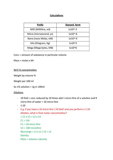 Calculations Notes Calculations Conc Amount Of Substance In