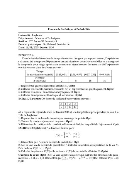 Solution Examen Statistique Et Probabilite Avec Corrige