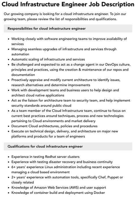 Cloud Infrastructure Engineer Job Description Velvet Jobs