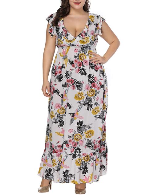 Plus Size V Neck Ruffles Short Sleeve Floral Dress At Banggood