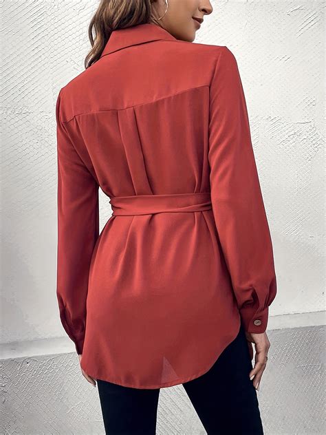 Solid Polo Collar Belted Blouse Casual Long Sleeve Blouse