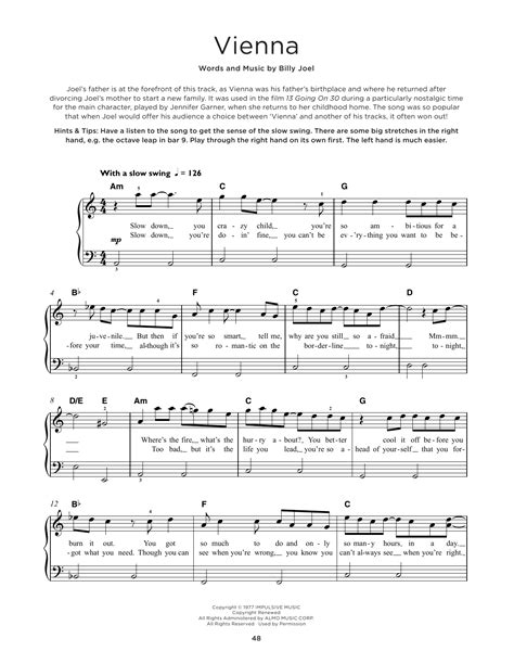 Vienna (Billy Joel) | Sheet Music: Really Easy Piano | PDF Download