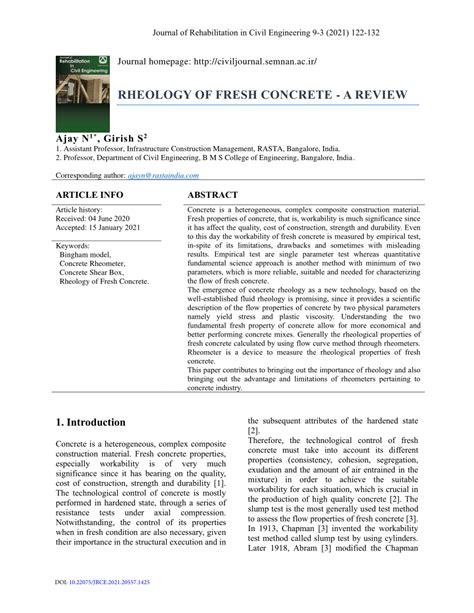 Pdf Rheology Of Fresh Concrete A Review