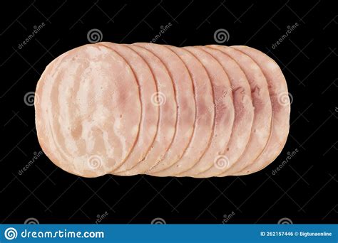 Front View Of Sliced Smoked Ham Meat Isolated On Black Background Raw