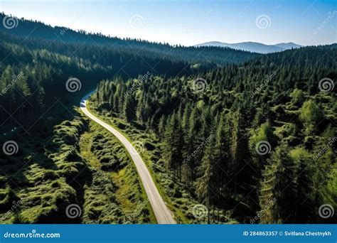 Aerial Top View Mountaint Road In Dark Green Forest Stock