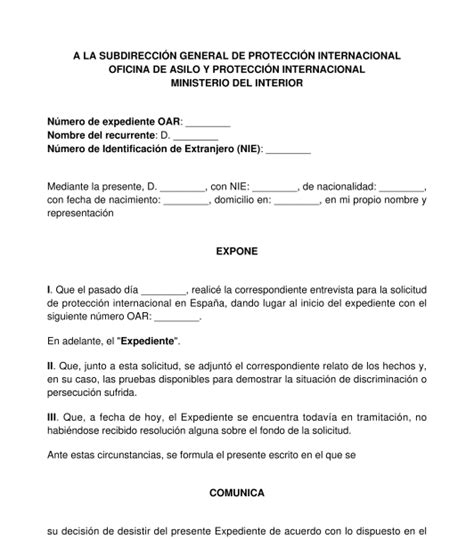 Carta De Desistimiento De Una Solicitud De Protecci N Internacional