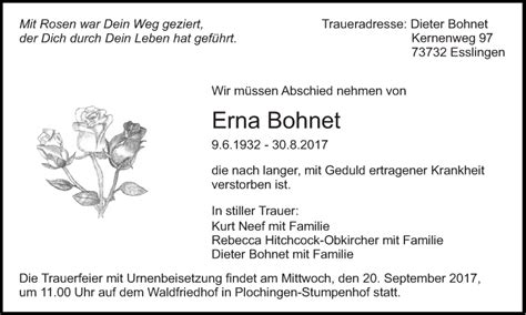 Traueranzeigen Von Erna Bohnet Zeit Des Gedenkens De