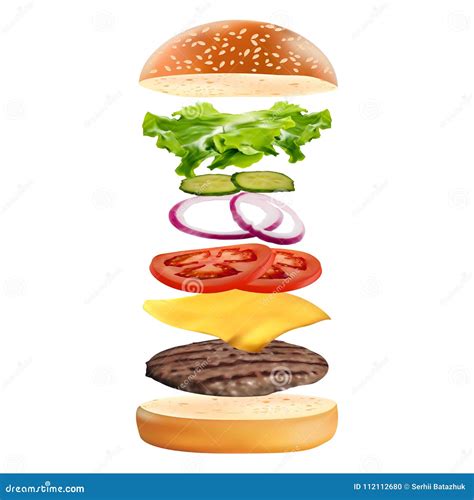 Realistic Delicious 3d Burger With Flying Ingredients Isolated On White