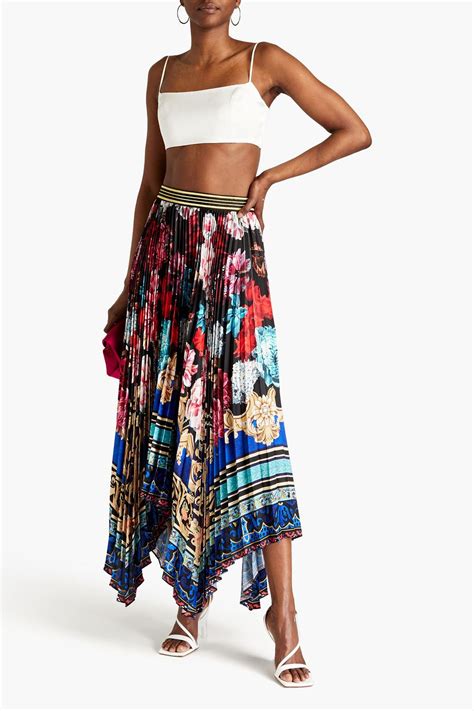 Alice Olivia Asymmetric Pleated Floral Print Satin Maxi Skirt The