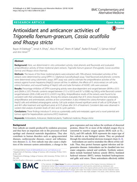 PDF Antioxidant And Anticancer Activities Of Trigonella Foenum