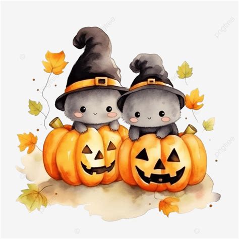 Happy Halloween With Cute Pumpkins And Ghosts In Water Color Style