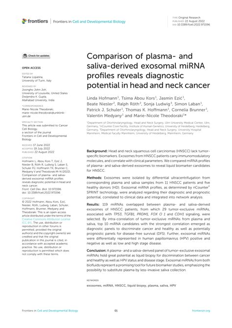 Pdf Comparison Of Plasma And Saliva Derived Exosomal Mirna Profiles