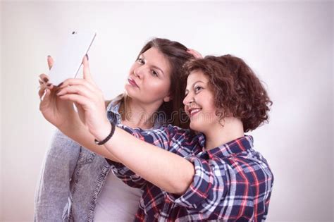 Friends Making Selfie Two Beautiful Young Women Making Selfie Stock