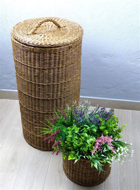 Tall Wicker Round Brown Basket With Lid Deep Laundry Basket Etsy