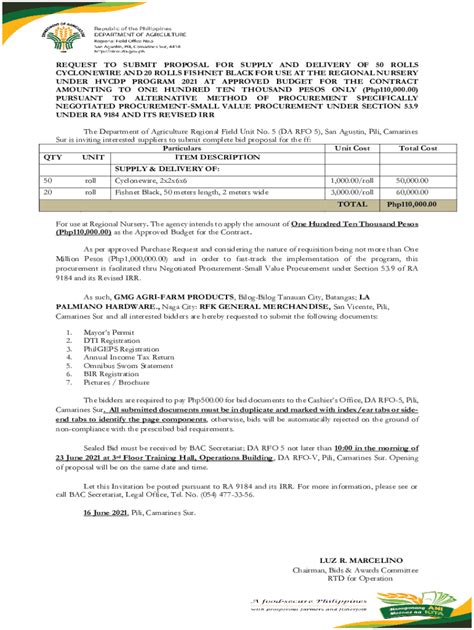 Fillable Online Bicol Da Gov Request To Submit Proposal For Supply And