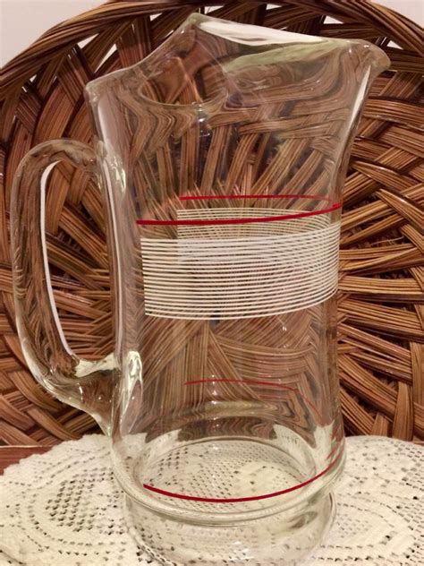 Vintage Glass Pitcher Red White Stripes Mid Century Modern Etsy