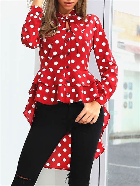 Wine Red Polka Dot Bow Irregular Ruffle V Neck Fashion Blouse Costura De Moda Moda Blusas De