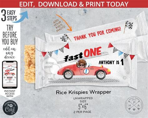 Fast One Vintage Race Car Rice Krispies Label Sports Speed Racing Labels Favors Krispy Wrap