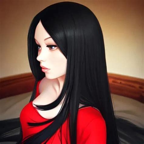 Long Black Hair Red Dress Openart