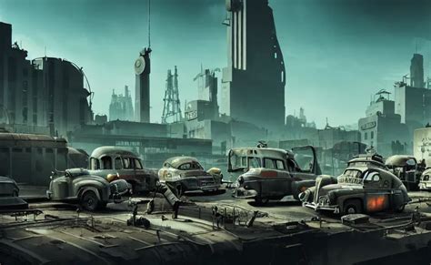 In An Atompunk City With Vehicles Highly Detailed Stable