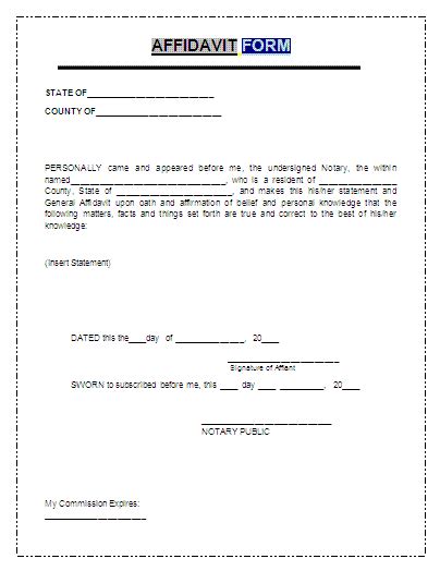 Affidavit Form Free Printable Documents