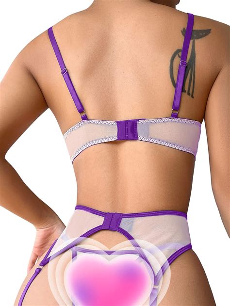 Snapklik Sexy Floral Embroidery Mesh Sheer Underwire Push Up Garter Belt Lingerie Set