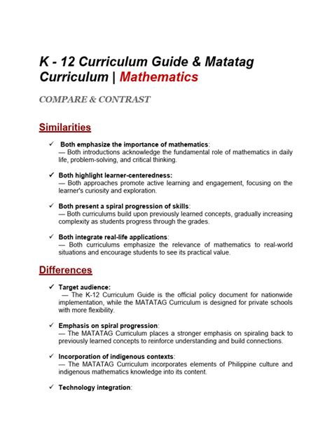 K 12 Curriculum Guide And Matatag Curriculum Mathematics Compare And Contrast Pdf