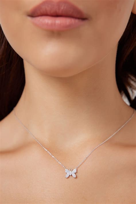 Diamond Butterfly Necklace 14k Solid White Gold Diamond Butterfly