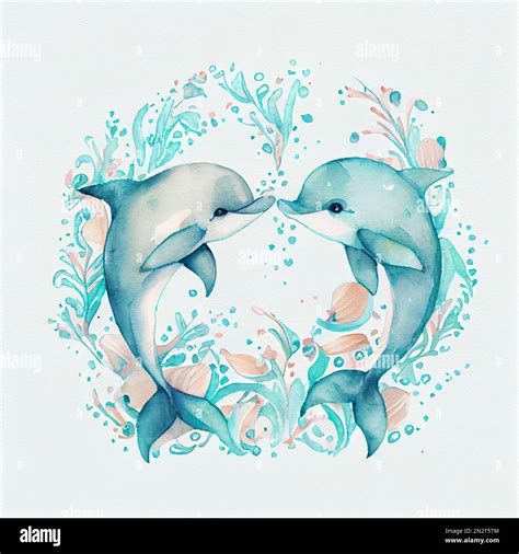 Peaceful Watercolor Painting Of Two Dolphins In Love Together Sea Wild