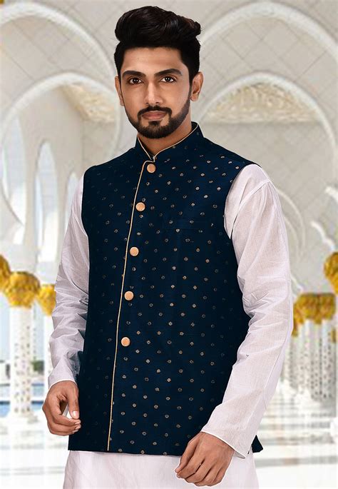 Buy Woven Art Silk Jacquard Nehru Jacket In Navy Blue Online Mlc