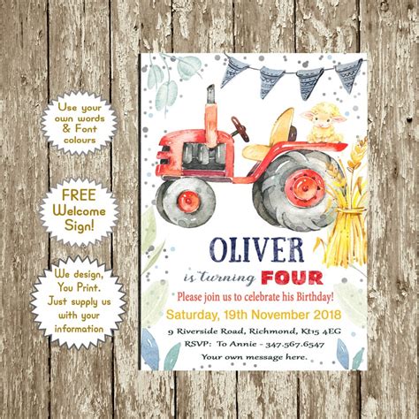 Tractor Birthday Invitation Printable Red Tractor Invitations Etsy