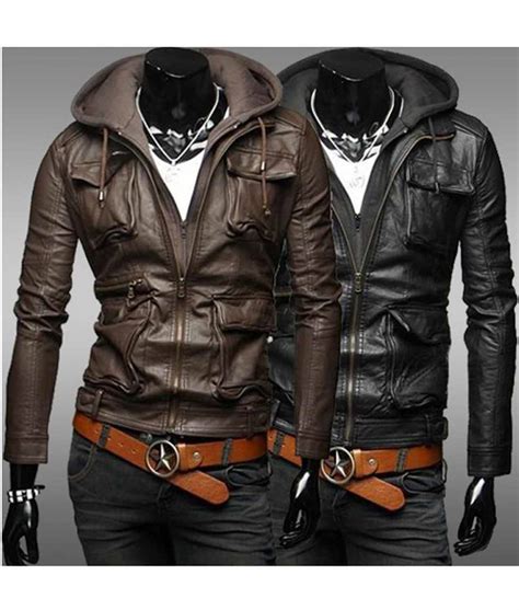 Mens Slim Fit Black/Brown Leather Jacket with Hood - Jackets Creator