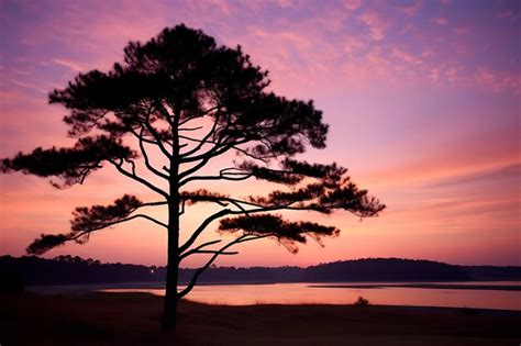 Premium AI Image | Photo of Pine Tree Silhouette Against a Pink Sunset