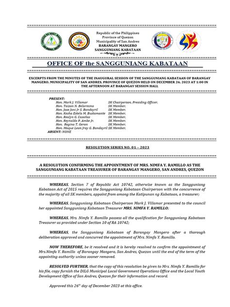 Resolution For Sk Treasurer Pdf Philippines Local Government