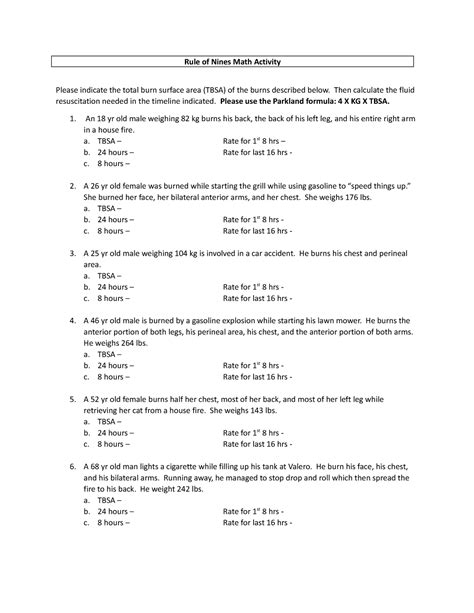 Rule Of Nines Worksheet Rule Of Nines Math Activity Please Indicate