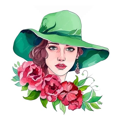 Mujer Con Sombrero Con Pintura De Acuarela De Flores Vector Premium